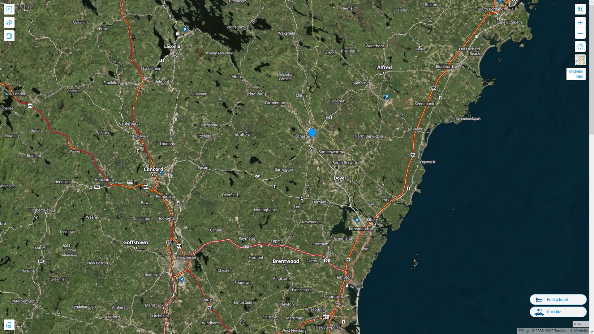 Rochester New Hampshire Highway and Road Map with Satellite View